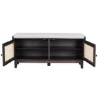 Banc de rangement d'entrée bohème Whisen, banc à chaussures en bois, banc rembourré avec portes doubles