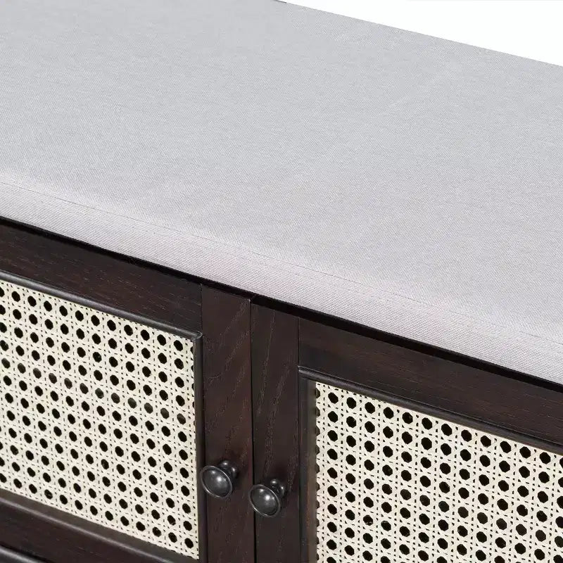 Banc de rangement d'entrée bohème Whisen, banc à chaussures en bois, banc rembourré avec portes doubles