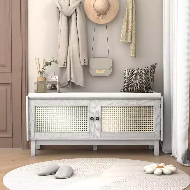 Banc de rangement d'entrée bohème Whisen, banc à chaussures en bois, banc rembourré avec portes doubles