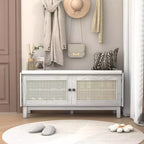 Banc de rangement d'entrée bohème Whisen, banc à chaussures en bois, banc rembourré avec portes doubles