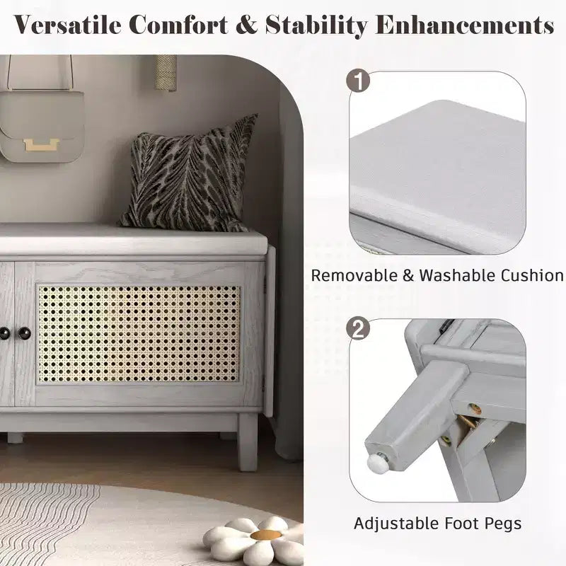 Banc de rangement d'entrée bohème Whisen, banc à chaussures en bois, banc rembourré avec portes doubles