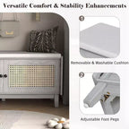 Banc de rangement d'entrée bohème Whisen, banc à chaussures en bois, banc rembourré avec portes doubles