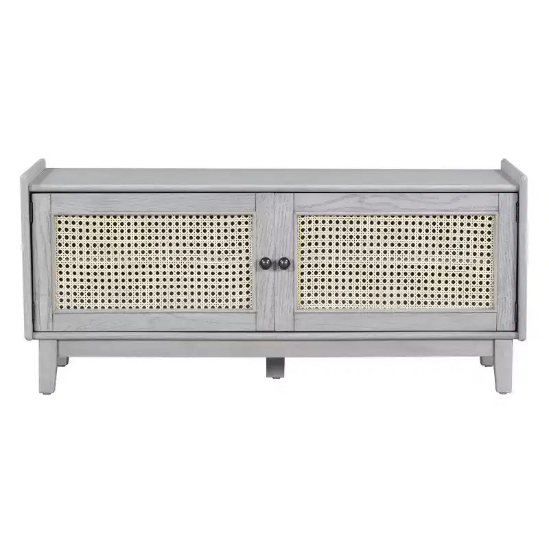 Banc de rangement d'entrée bohème Whisen, banc à chaussures en bois, banc rembourré avec portes doubles