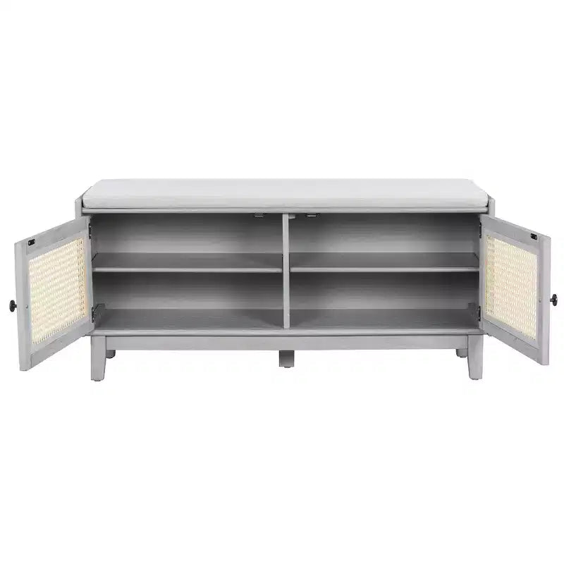 Banc de rangement d'entrée bohème Whisen, banc à chaussures en bois, banc rembourré avec portes doubles