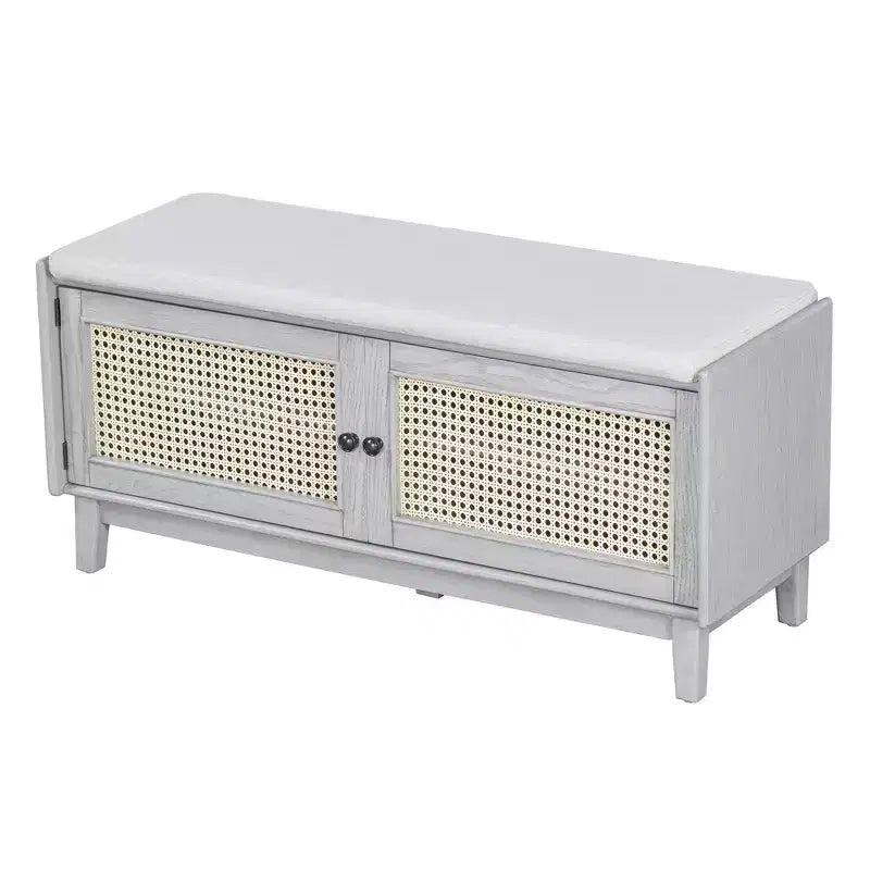 Banc de rangement d'entrée bohème Whisen, banc à chaussures en bois, banc rembourré avec portes doubles