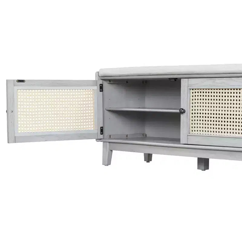 Banc de rangement d'entrée bohème Whisen, banc à chaussures en bois, banc rembourré avec portes doubles