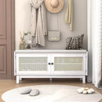 Banc de rangement d'entrée bohème Whisen, banc à chaussures en bois, banc rembourré avec portes doubles
