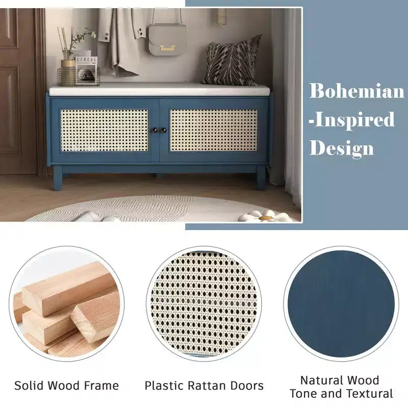 Banc de rangement d'entrée bohème Whisen, banc à chaussures en bois, banc rembourré avec portes doubles