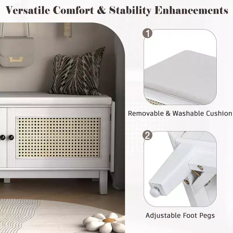 Banc de rangement d'entrée bohème Whisen, banc à chaussures en bois, banc rembourré avec portes doubles