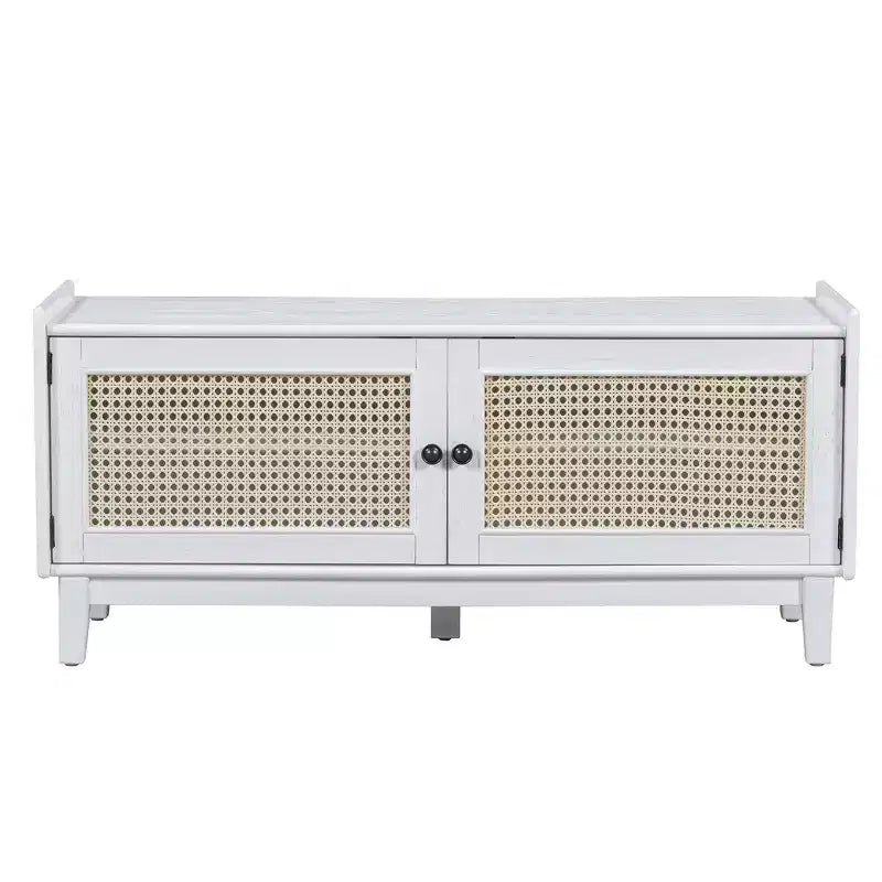 Banc de rangement d'entrée bohème Whisen, banc à chaussures en bois, banc rembourré avec portes doubles
