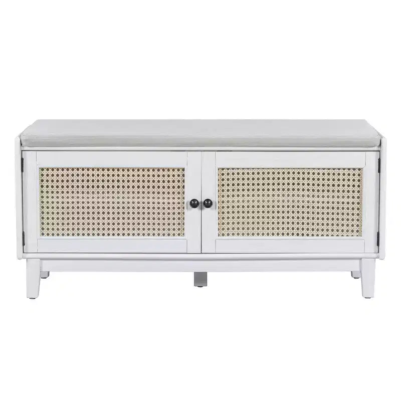 Banc de rangement d'entrée bohème Whisen, banc à chaussures en bois, banc rembourré avec portes doubles