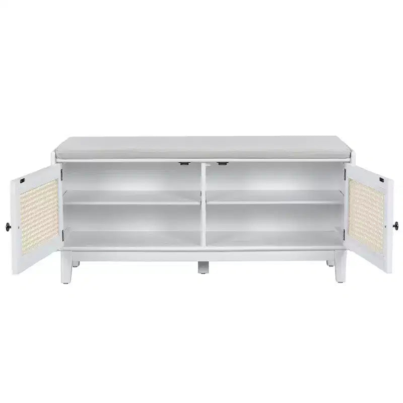 Banc de rangement d'entrée bohème Whisen, banc à chaussures en bois, banc rembourré avec portes doubles