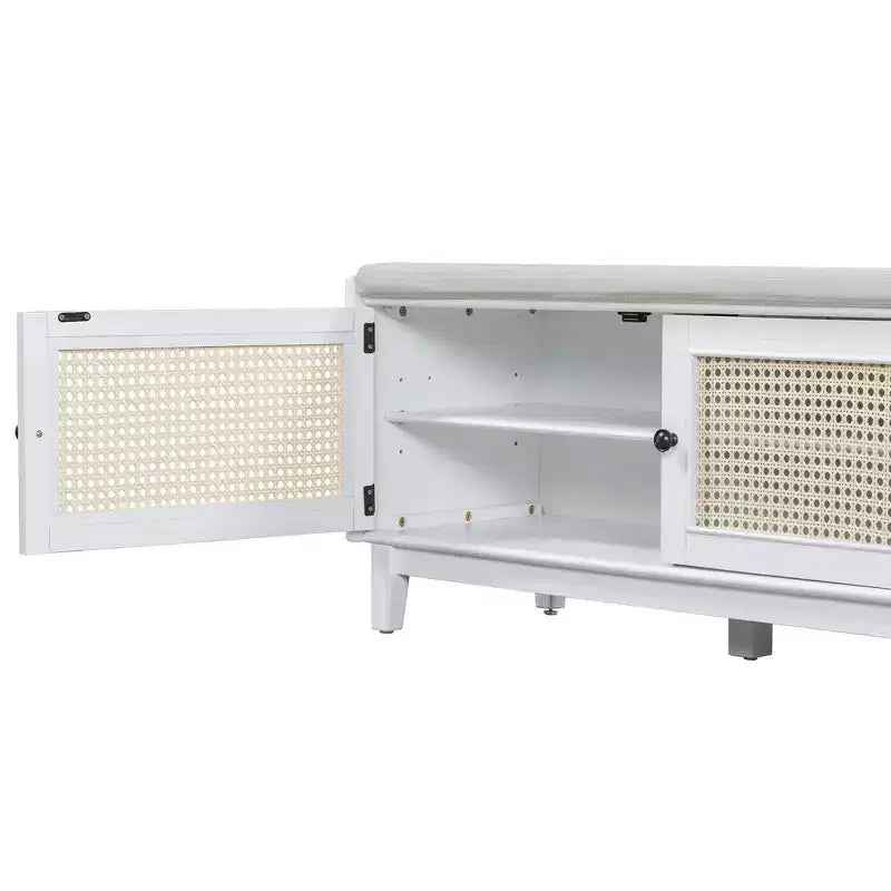 Banc de rangement d'entrée bohème Whisen, banc à chaussures en bois, banc rembourré avec portes doubles