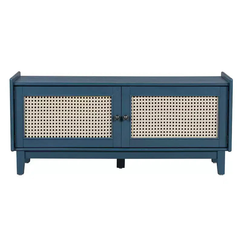 Banc de rangement d'entrée bohème Whisen, banc à chaussures en bois, banc rembourré avec portes doubles