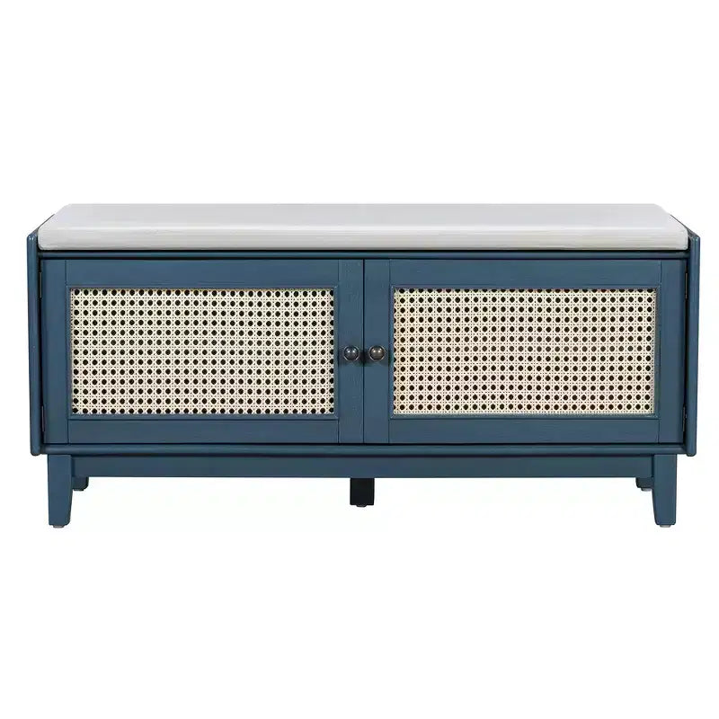 Banc de rangement d'entrée bohème Whisen, banc à chaussures en bois, banc rembourré avec portes doubles