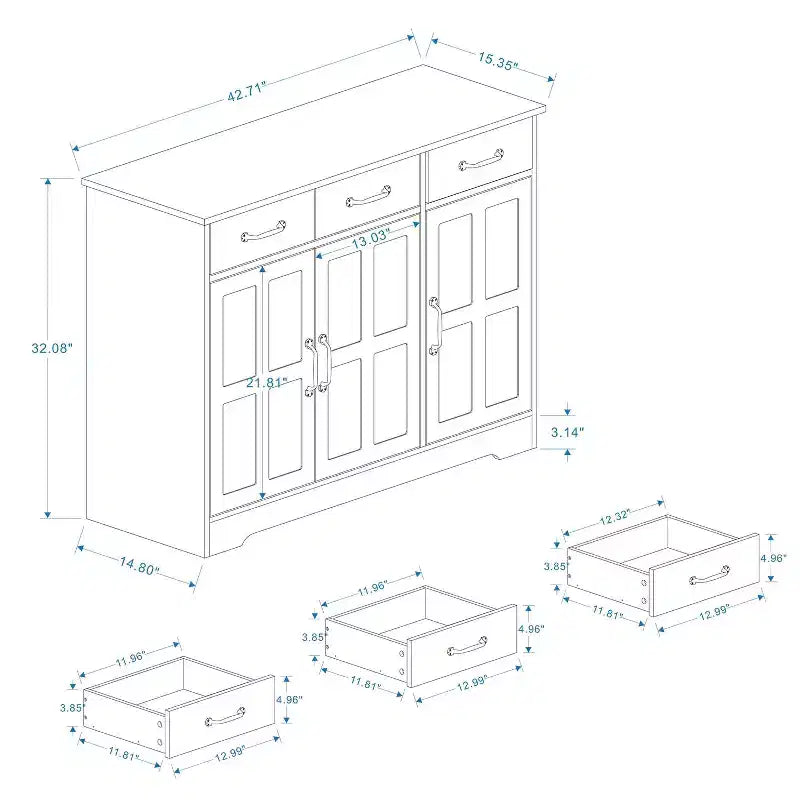 MAYEERTY Buffet de ferme blanc, buffet de rangement 3 tiroirs 3 portes pour salle à manger