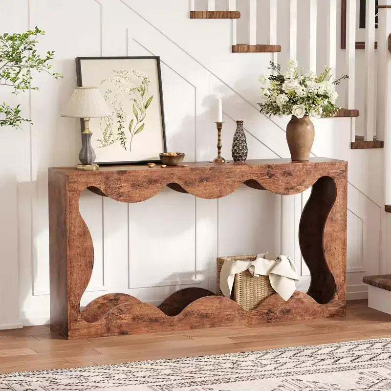 Console table festonnée de ferme 63" pour entrée, table de canapé étroite en bois derrière le canapé avec rangement, meubles rustiques pour salons et appartements