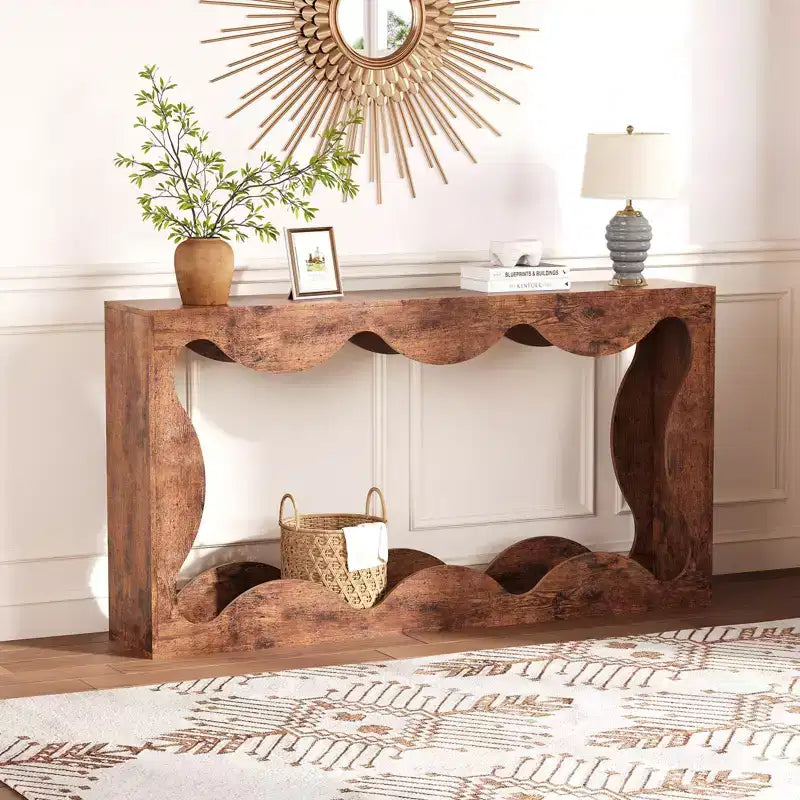 Console table festonnée de ferme 63" pour entrée, table de canapé étroite en bois derrière le canapé avec rangement, meubles rustiques pour salons et appartements