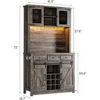 Meuble bar à café de 72 po avec porte coulissante de style grange, buffet de cuisine haut avec 3 tiroirs et porte-verres à vin, grand espace de rangement pour la maison