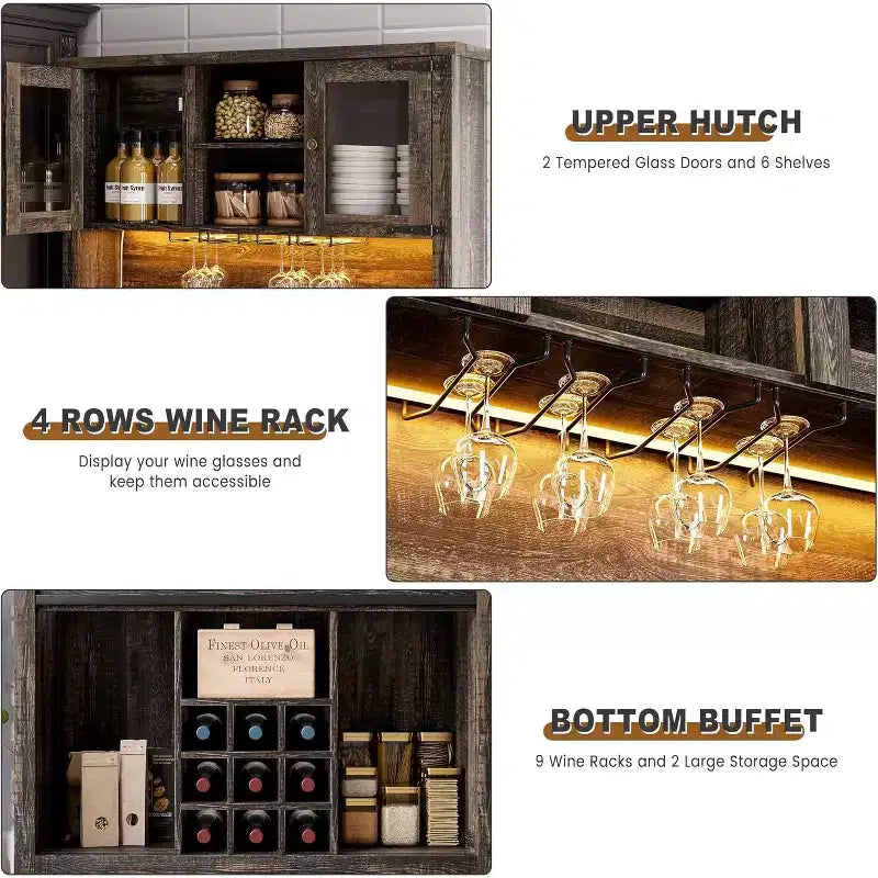Meuble bar à café de 72 po avec porte coulissante de style grange, buffet de cuisine haut avec 3 tiroirs et porte-verres à vin, grand espace de rangement pour la maison