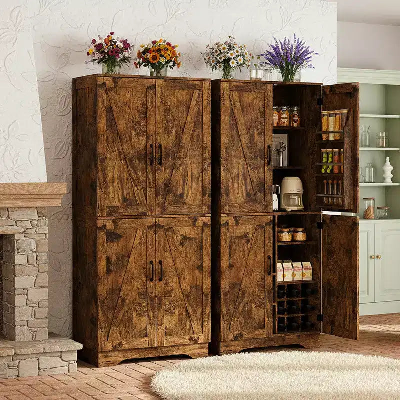 Meuble de rangement haut de cuisine Ora Maison 71, placard en bois autoportant avec rangement pour bouteilles, étagères réglables et 6 casiers de porte, marron rustique