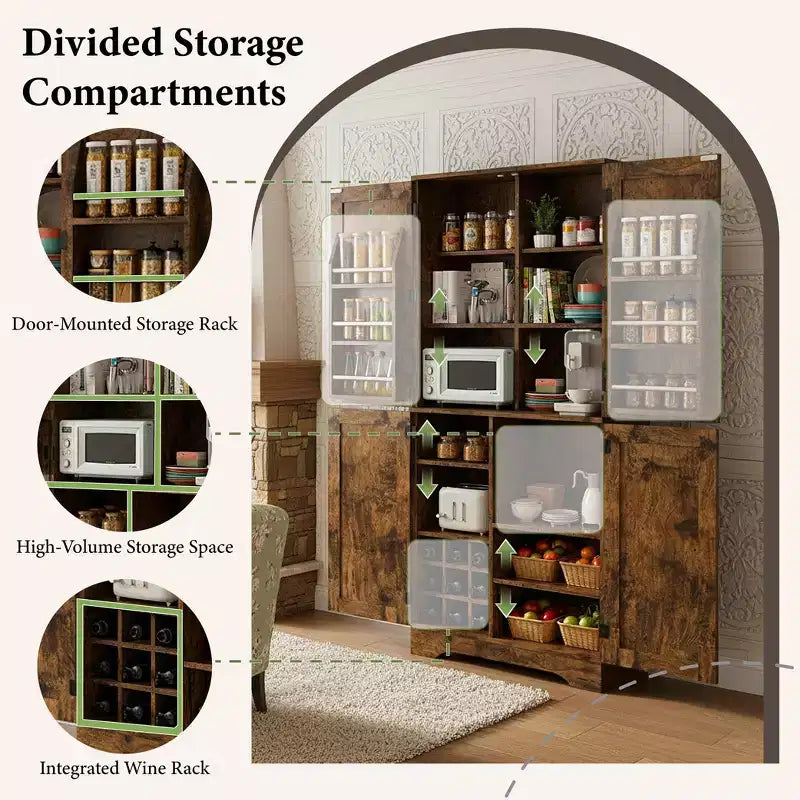 Meuble de rangement haut de cuisine Ora Maison 71, placard en bois autoportant avec rangement pour bouteilles, étagères réglables et 6 casiers de porte, marron rustique