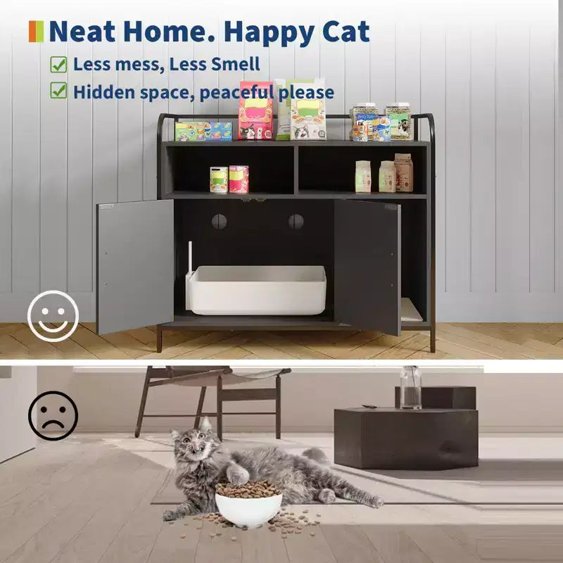 Meuble Cache-Litière, Enclos Cache-Litière – Maison de Toilette pour Chat avec Porte Coulissante en Bois, Anti-Chien, pour la Plupart des Bacs à Litière