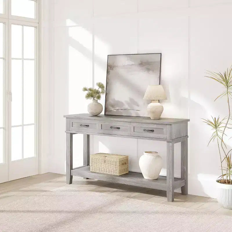 Table d'entrée, Console avec 3 tiroirs de rangement, Table de canapé en bois de ferme à 3 niveaux, Tables de couloir