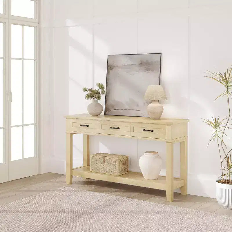 Table d'entrée, Console avec 3 tiroirs de rangement, Table de canapé en bois de ferme à 3 niveaux, Tables de couloir