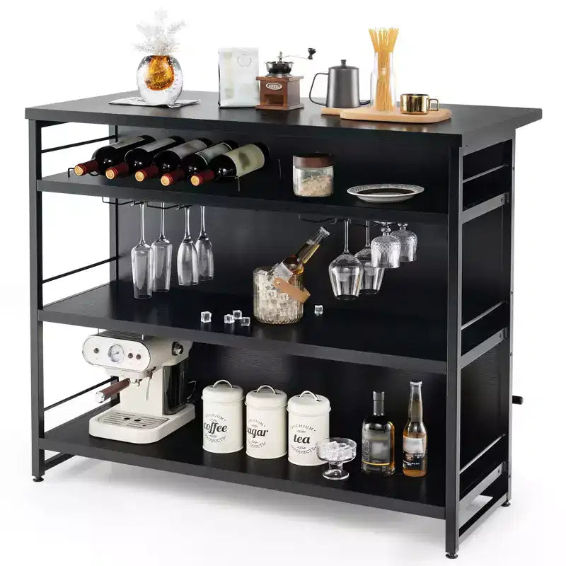 Table de bar îlot de cuisine industrielle Costway, étagère de rangement à 4 niveaux, porte-verres, noir/marron rustique