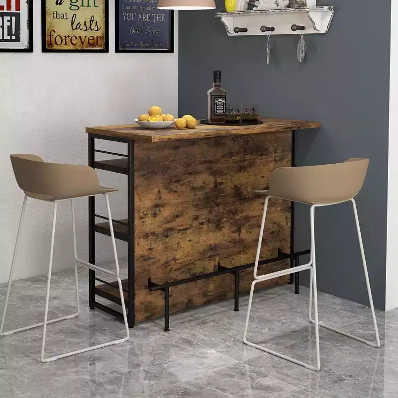 Table de bar îlot de cuisine industrielle Costway, étagère de rangement à 4 niveaux, porte-verres, noir/marron rustique