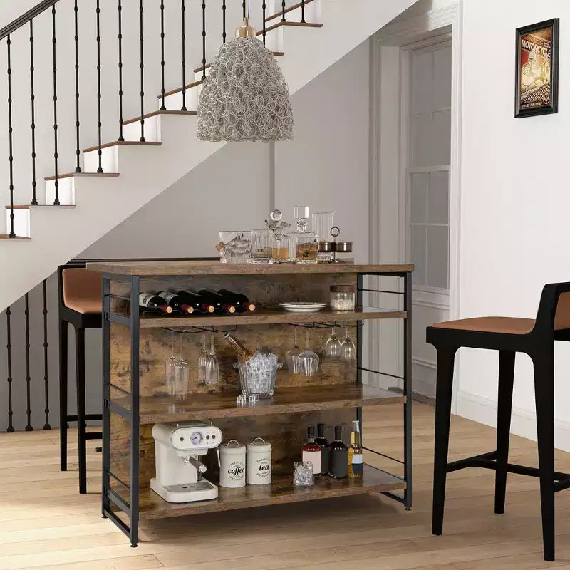 Table de bar îlot de cuisine industrielle Costway, étagère de rangement à 4 niveaux, porte-verres, noir/marron rustique