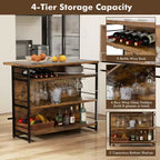 Table de bar îlot de cuisine industrielle Costway, étagère de rangement à 4 niveaux, porte-verres, noir/marron rustique