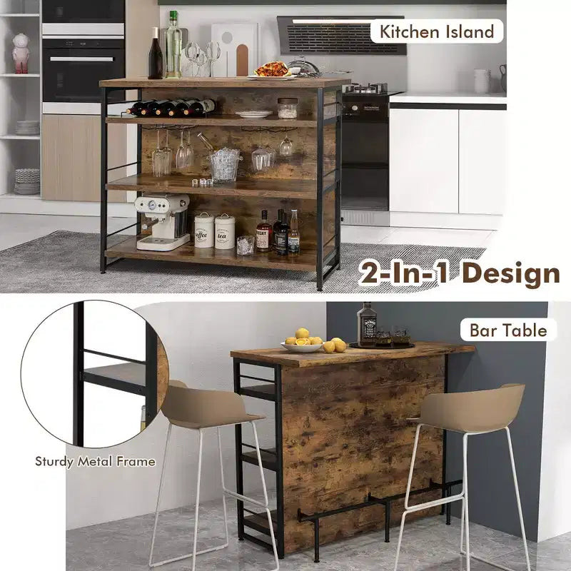 Table de bar îlot de cuisine industrielle Costway, étagère de rangement à 4 niveaux, porte-verres, noir/marron rustique