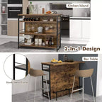 Table de bar îlot de cuisine industrielle Costway, étagère de rangement à 4 niveaux, porte-verres, noir/marron rustique