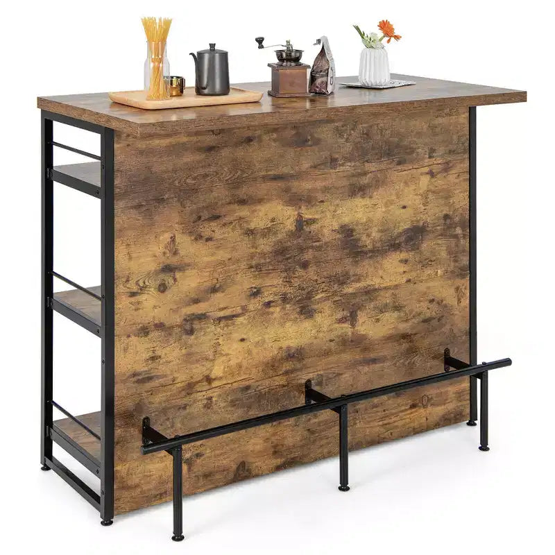 Table de bar îlot de cuisine industrielle Costway, étagère de rangement à 4 niveaux, porte-verres, noir/marron rustique