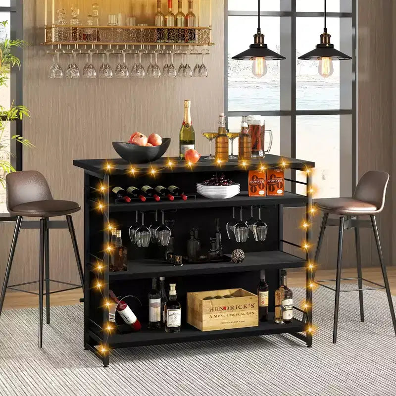 Table de bar îlot de cuisine industrielle Costway, étagère de rangement à 4 niveaux, porte-verres, noir/marron rustique