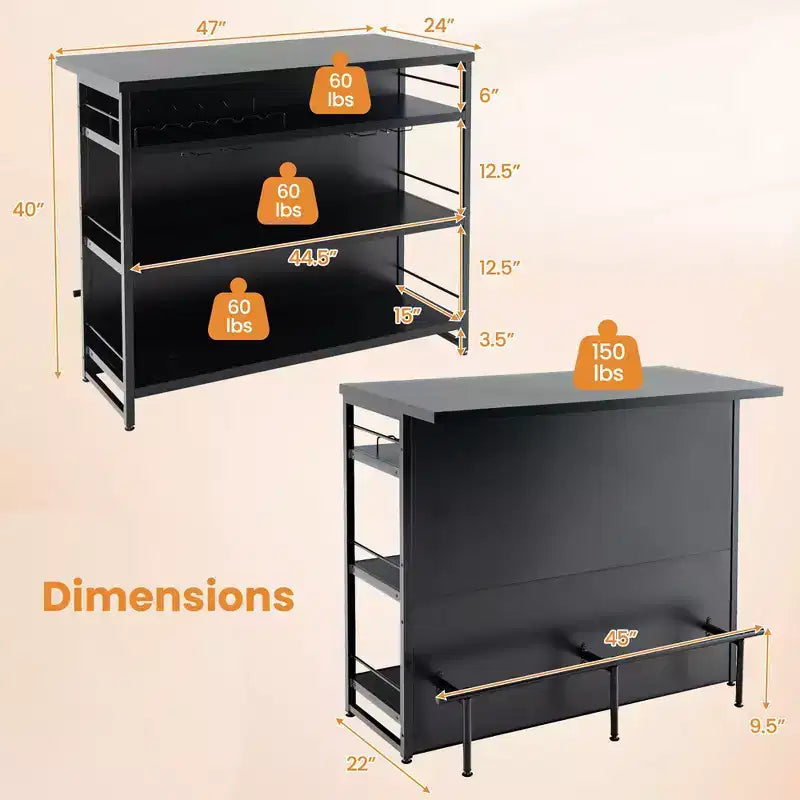 Table de bar îlot de cuisine industrielle Costway, étagère de rangement à 4 niveaux, porte-verres, noir/marron rustique