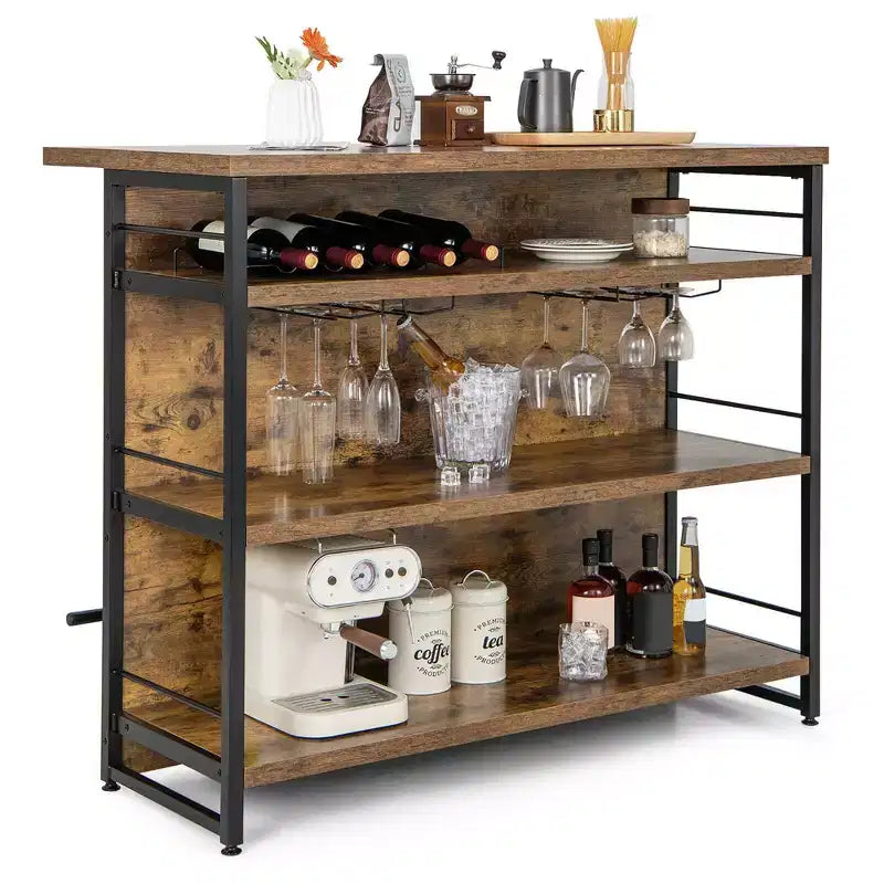 Table de bar îlot de cuisine industrielle Costway, étagère de rangement à 4 niveaux, porte-verres, noir/marron rustique