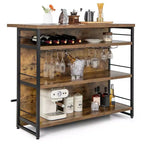 Table de bar îlot de cuisine industrielle Costway, étagère de rangement à 4 niveaux, porte-verres, noir/marron rustique