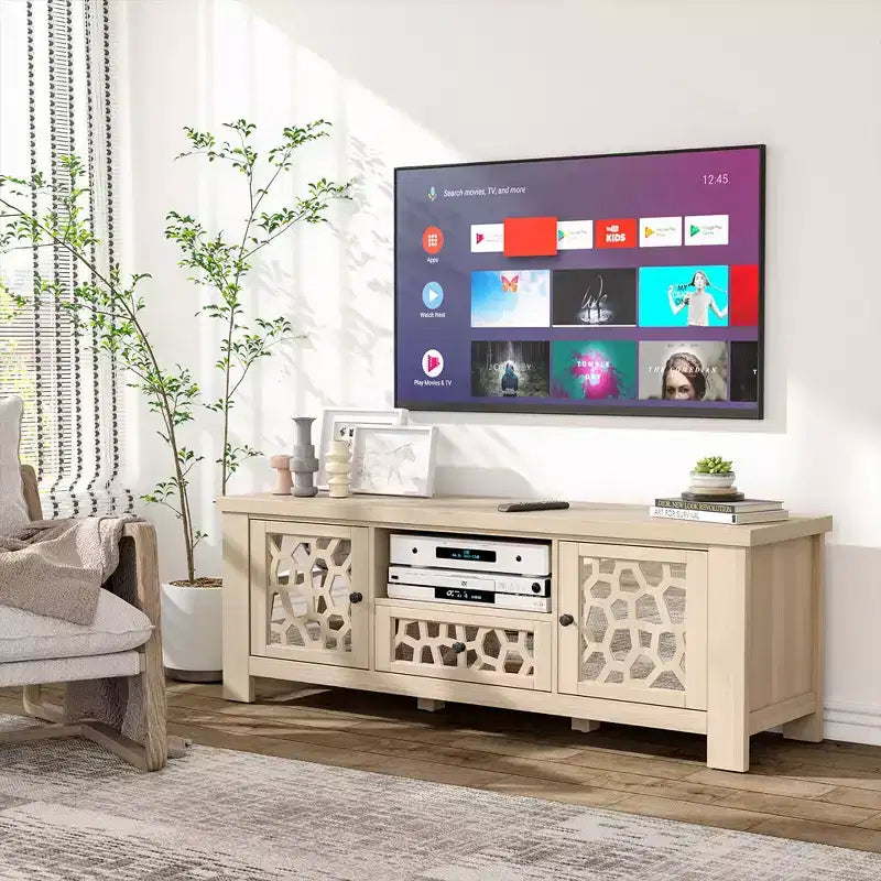 Meuble TV Costway 55 de style rétro avec portes miroir et tiroir