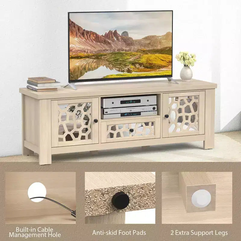 Meuble TV Costway 55 de style rétro avec portes miroir et tiroir