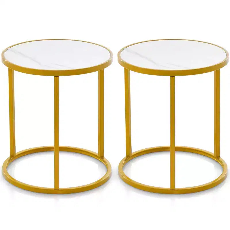 Costway Table d'appoint ronde 2 pièces avec plateau en marbre 19,5x19,5 Table d'appoint avec cadre en métal doré Or