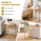 Costway Table d'appoint ronde 2 pièces avec plateau en marbre 19,5x19,5 Table d'appoint avec cadre en métal doré Or