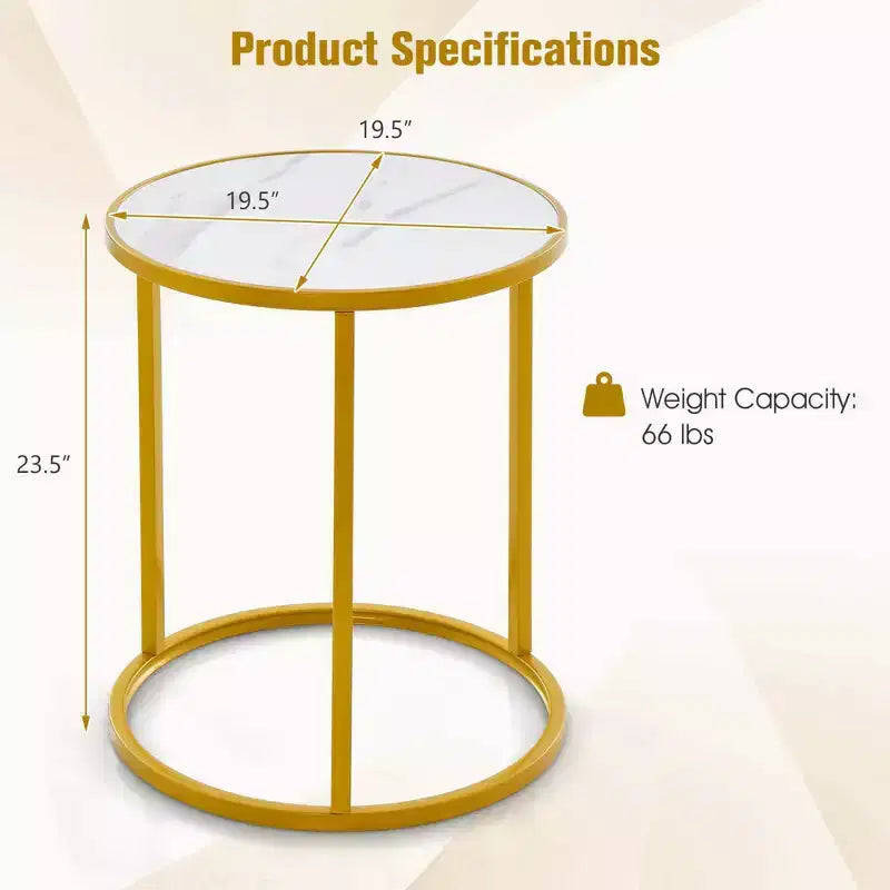 Costway Table d'appoint ronde 2 pièces avec plateau en marbre 19,5x19,5 Table d'appoint avec cadre en métal doré Or
