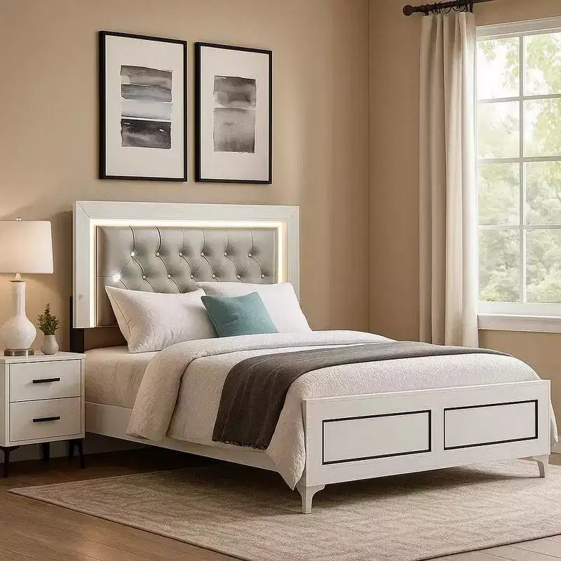 Lit Queen Size Royal Hampton, éclairage LED, tête de lit capitonnée, blanc