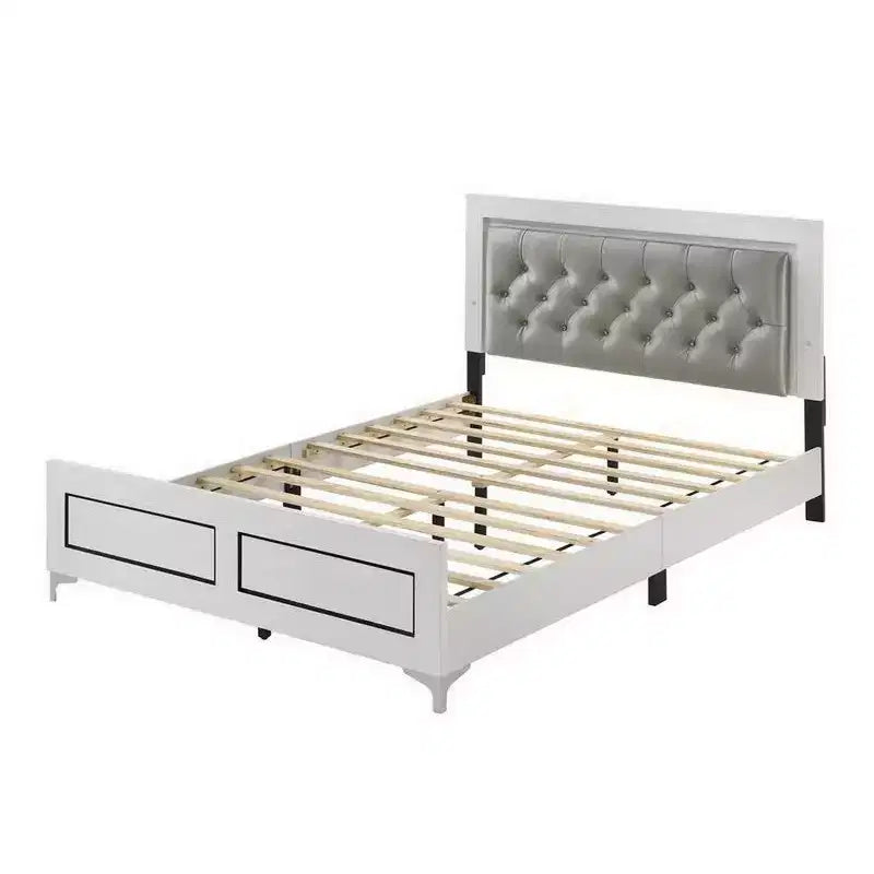 Lit Queen Size Royal Hampton, éclairage LED, tête de lit capitonnée, blanc