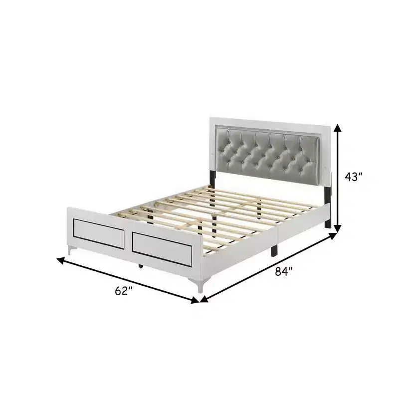 Lit Queen Size Royal Hampton, éclairage LED, tête de lit capitonnée, blanc