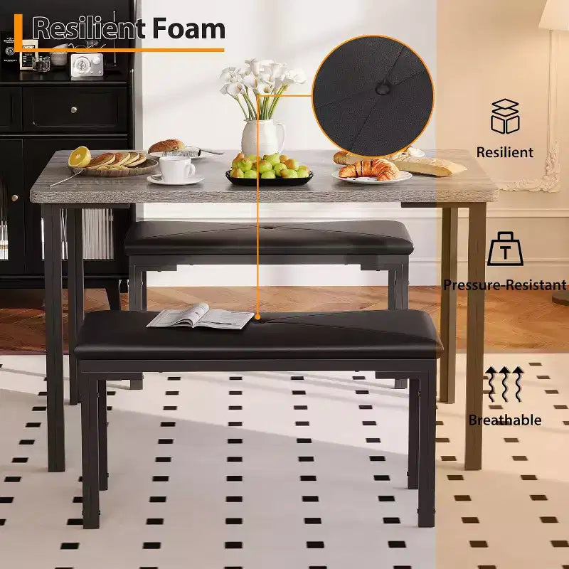 Ensemble table à manger pour 4, table de cuisine 3 pièces avec 2 bancs rembourrés, dînette peu encombrante pour salle à manger, appartement, petit espace