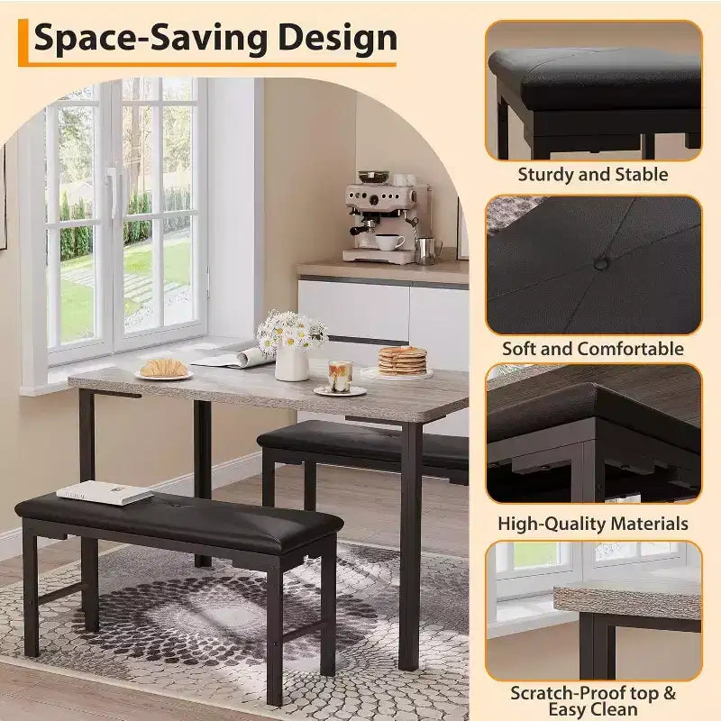 Ensemble table à manger pour 4, table de cuisine 3 pièces avec 2 bancs rembourrés, dînette peu encombrante pour salle à manger, appartement, petit espace